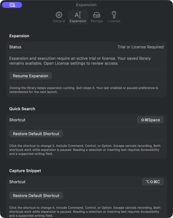 Expansion settings showing status and configurable Quick Search and Capture Snippet shortcuts.