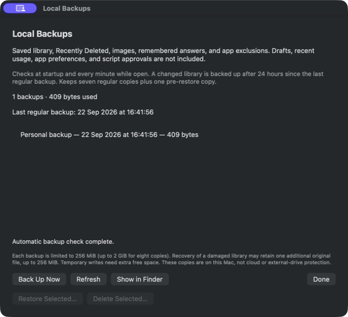 Local Backups window with a saved backup and backup management controls.