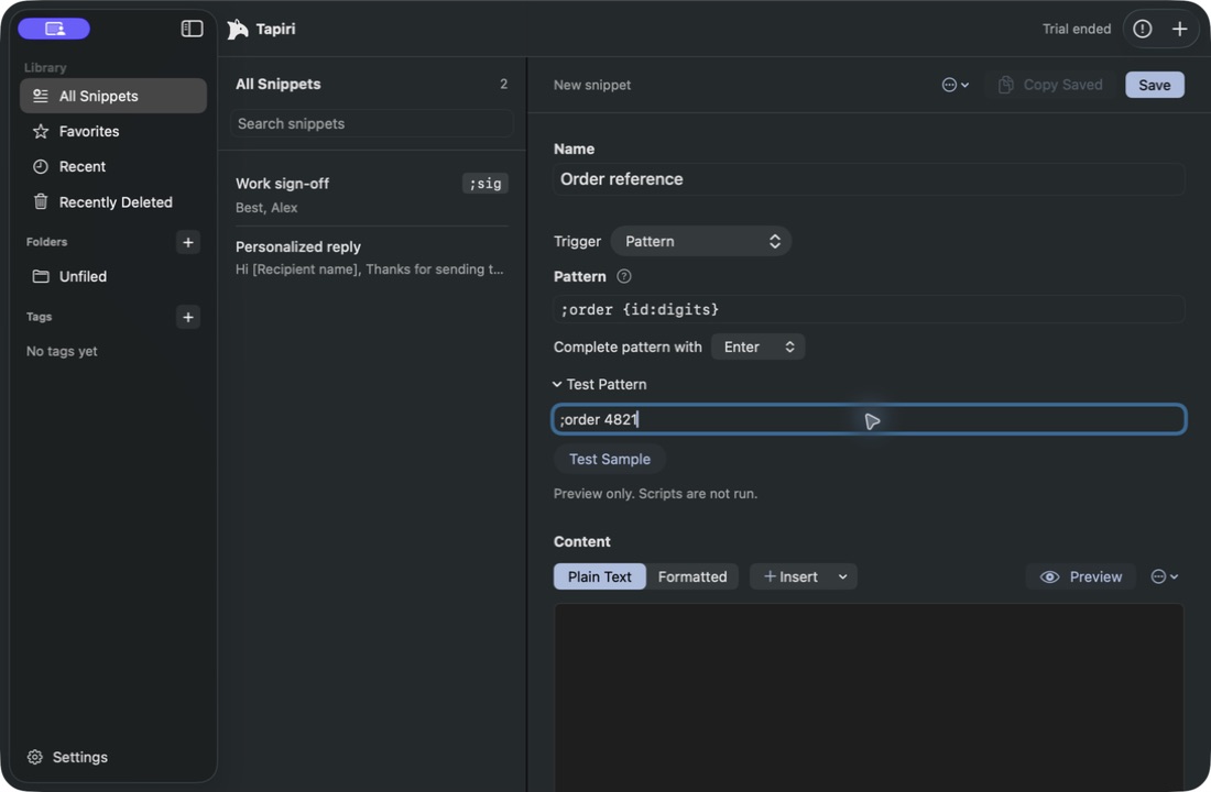 Pattern editor with an order-number pattern and sample input ready to test.